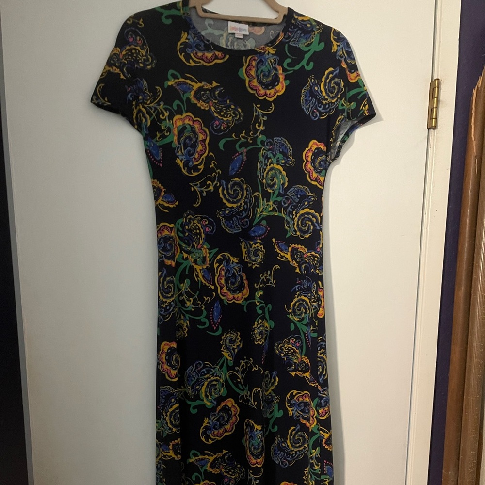 LuLaRoe Maria maxi dress, size xxs. Black with periwinkle, green and yellow.